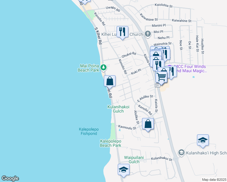 map of restaurants, bars, coffee shops, grocery stores, and more near 483 South Kihei Road in Kihei