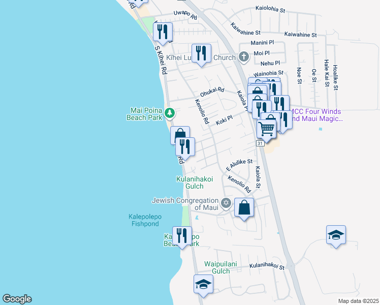 map of restaurants, bars, coffee shops, grocery stores, and more near 483 South Kihei Road in Kihei