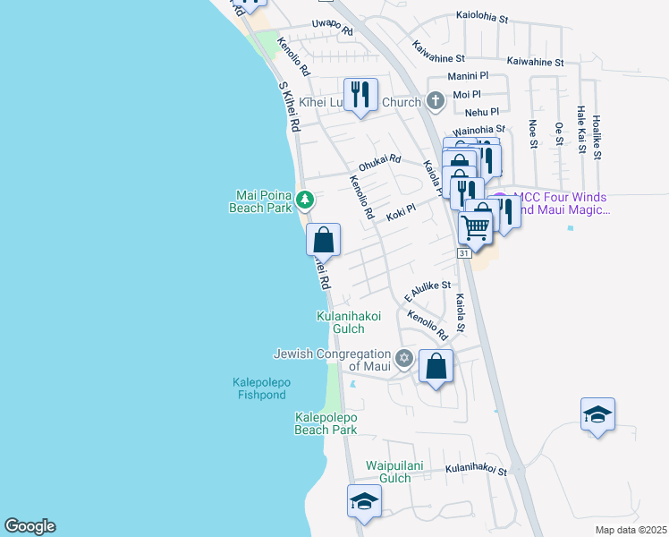 map of restaurants, bars, coffee shops, grocery stores, and more near 483 South Kihei Road in Kihei