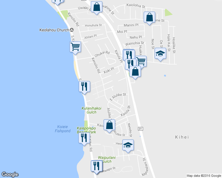 map of restaurants, bars, coffee shops, grocery stores, and more near 504 Ekahi Way in Kihei