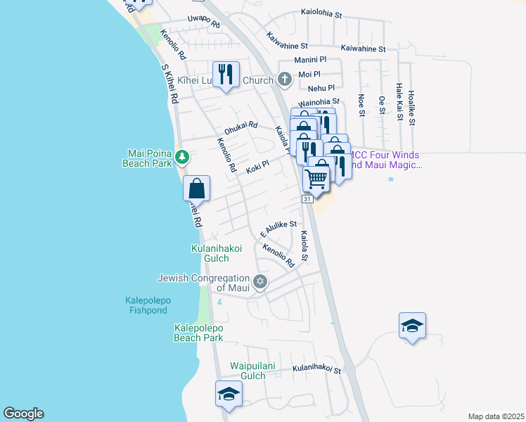 map of restaurants, bars, coffee shops, grocery stores, and more near 504 Ekahi Way in Kihei