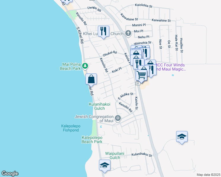 map of restaurants, bars, coffee shops, grocery stores, and more near 480 Kenolio Road in Kihei