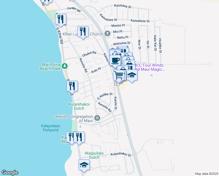 map of restaurants, bars, coffee shops, grocery stores, and more near 490 Kaiola Place in Kihei