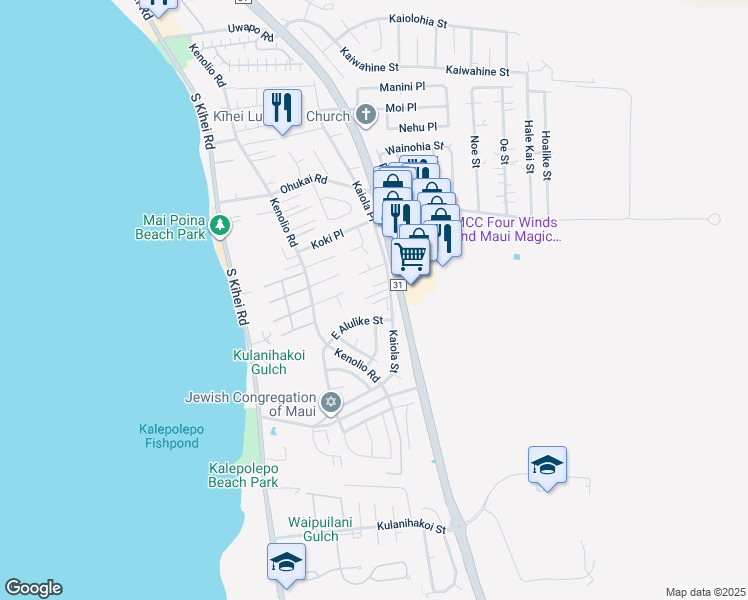 map of restaurants, bars, coffee shops, grocery stores, and more near 490 Kaiola Place in Kihei