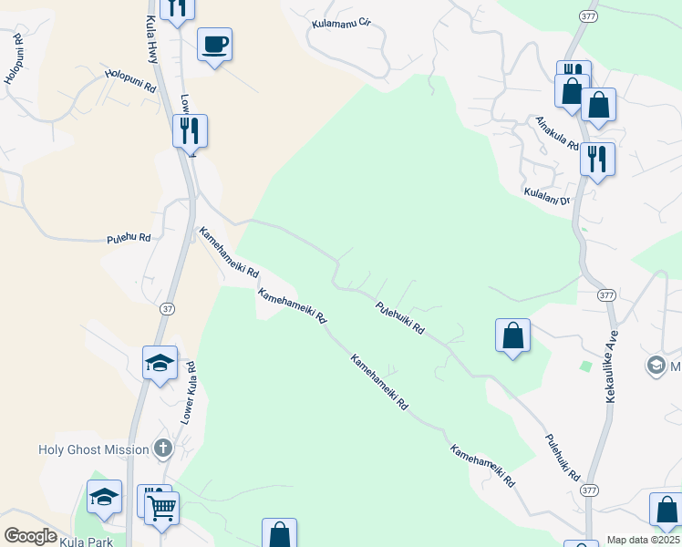 map of restaurants, bars, coffee shops, grocery stores, and more near 491 Pulehuiki Road in Kula
