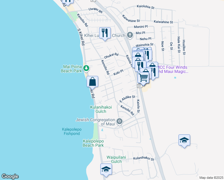 map of restaurants, bars, coffee shops, grocery stores, and more near 480 Kenolio Road in Kihei