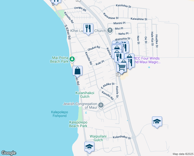 map of restaurants, bars, coffee shops, grocery stores, and more near 105 Lanakila Place in Kihei