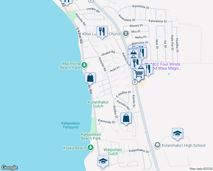 map of restaurants, bars, coffee shops, grocery stores, and more near 480 Kenolio Road in Kihei