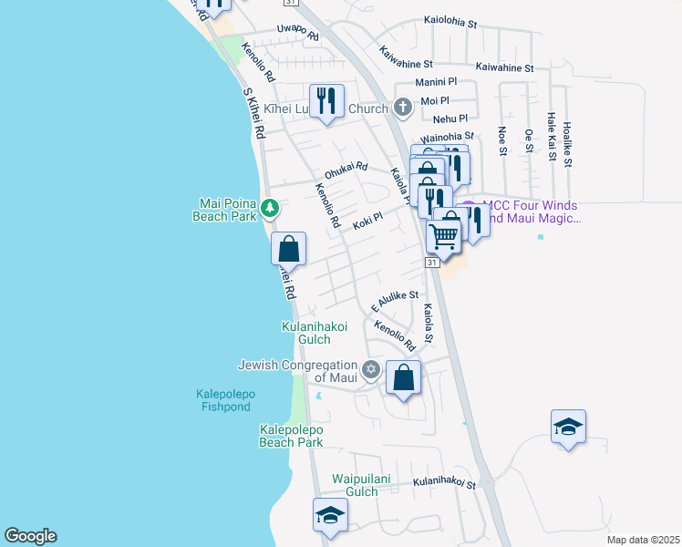 map of restaurants, bars, coffee shops, grocery stores, and more near 480 Kenolio Road in Kihei