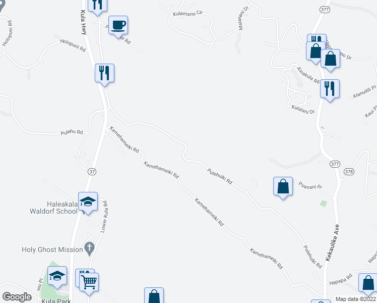 map of restaurants, bars, coffee shops, grocery stores, and more near 491 Pulehuiki Road in Kula