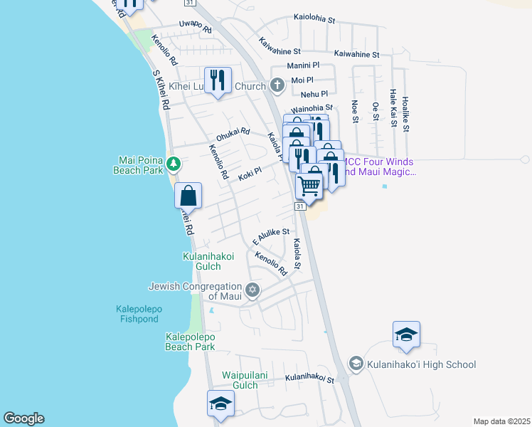 map of restaurants, bars, coffee shops, grocery stores, and more near 153 East Alulike Street in Kihei