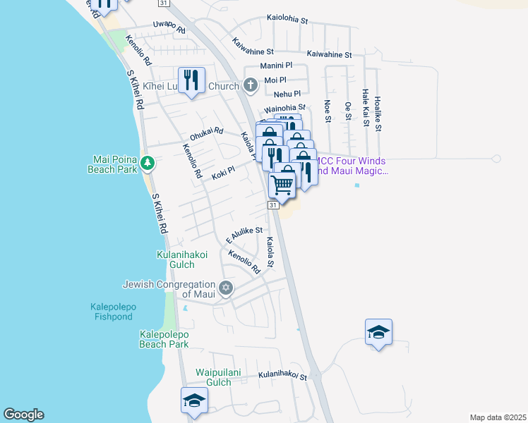 map of restaurants, bars, coffee shops, grocery stores, and more near 490 Kaiola Place in Kihei