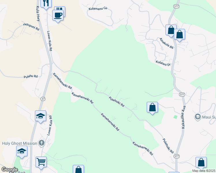 map of restaurants, bars, coffee shops, grocery stores, and more near 689 Pulehuiki Road in Kula