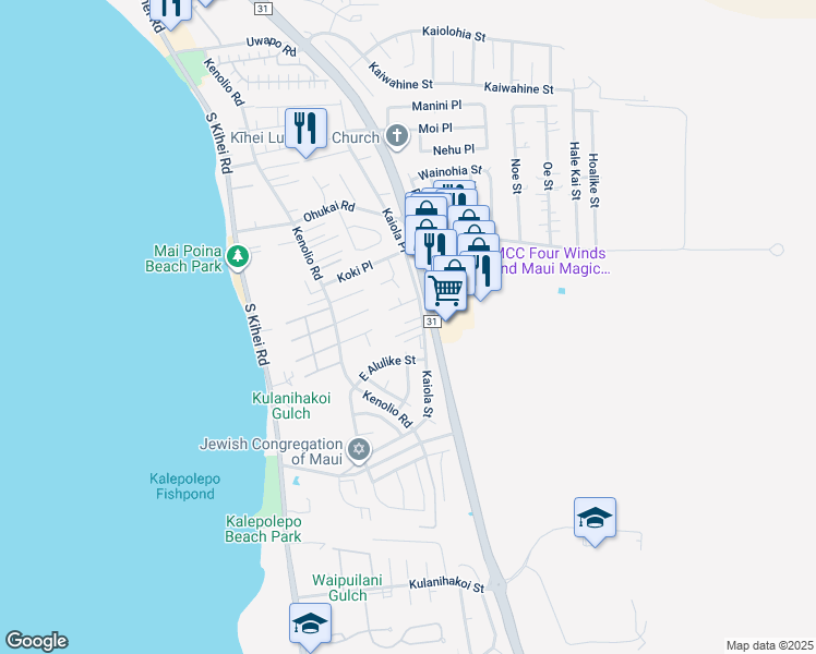 map of restaurants, bars, coffee shops, grocery stores, and more near 484 Kaiola Place in Kihei