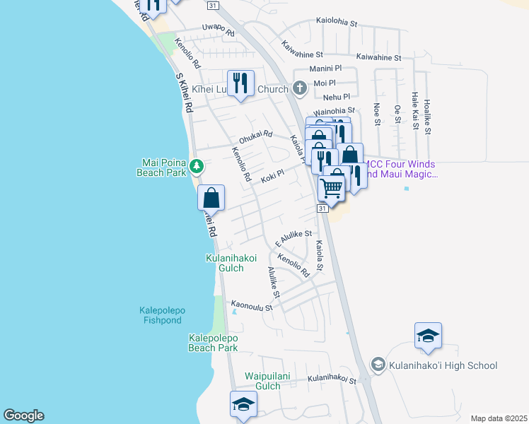 map of restaurants, bars, coffee shops, grocery stores, and more near 106 Pauloa Place in Kihei