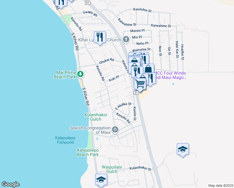 map of restaurants, bars, coffee shops, grocery stores, and more near 145 Lanakila Place in Kihei