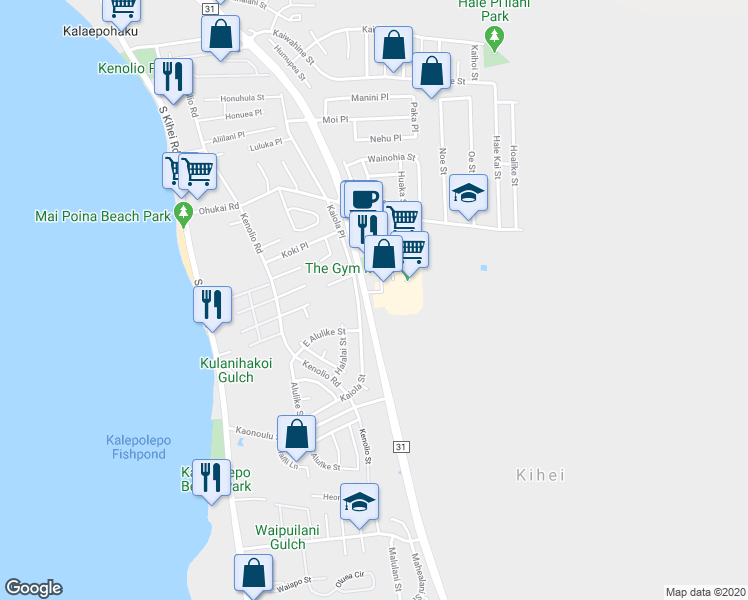 map of restaurants, bars, coffee shops, grocery stores, and more near 56 Manao Kala Street in Kihei
