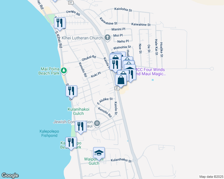 map of restaurants, bars, coffee shops, grocery stores, and more near 484 Kaiola Place in Kihei
