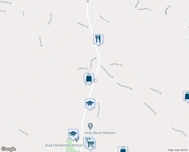 map of restaurants, bars, coffee shops, grocery stores, and more near 4010 Kula Highway in Kula