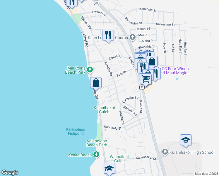 map of restaurants, bars, coffee shops, grocery stores, and more near 436 Kenolio Road in Kihei