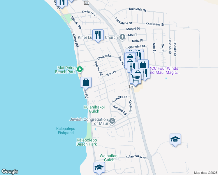 map of restaurants, bars, coffee shops, grocery stores, and more near 112 Pauloa Place in Kihei
