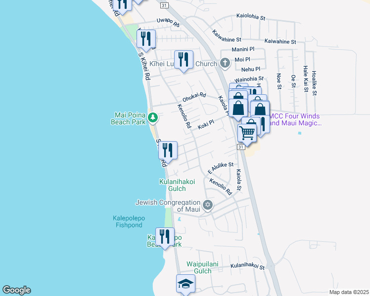 map of restaurants, bars, coffee shops, grocery stores, and more near 480 Kenolio Road in Kihei