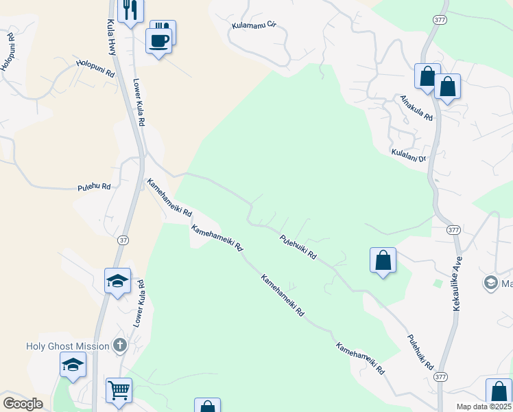 map of restaurants, bars, coffee shops, grocery stores, and more near 491 Pulehuiki Road in Kula