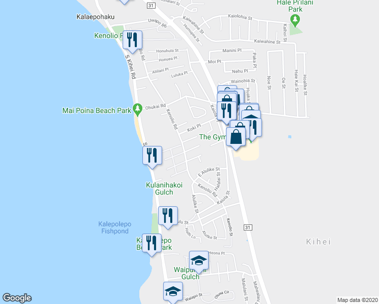 map of restaurants, bars, coffee shops, grocery stores, and more near 112 Pauloa Place in Kihei