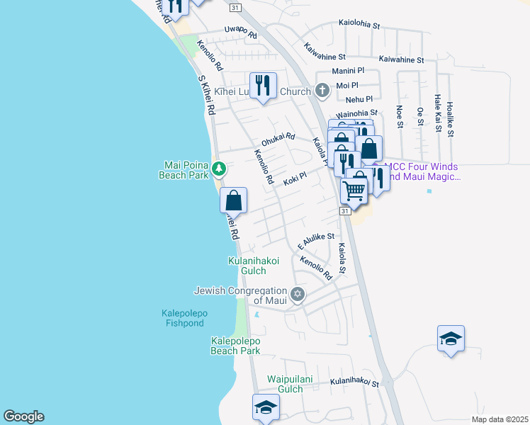 map of restaurants, bars, coffee shops, grocery stores, and more near 480 Kenolio Road in Kihei