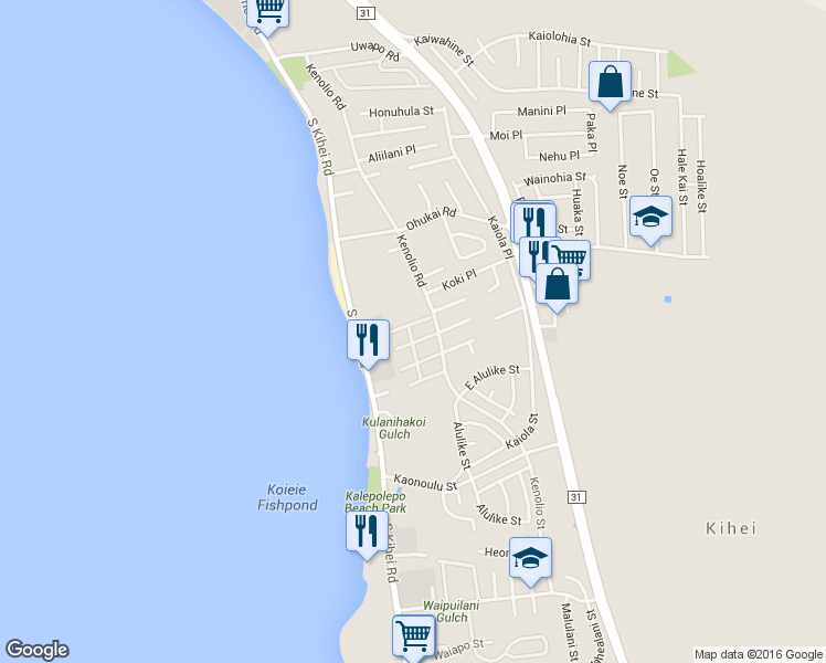 map of restaurants, bars, coffee shops, grocery stores, and more near 480 Kenolio Road in Kihei