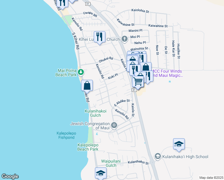 map of restaurants, bars, coffee shops, grocery stores, and more near 120 Pauloa Place in Kihei