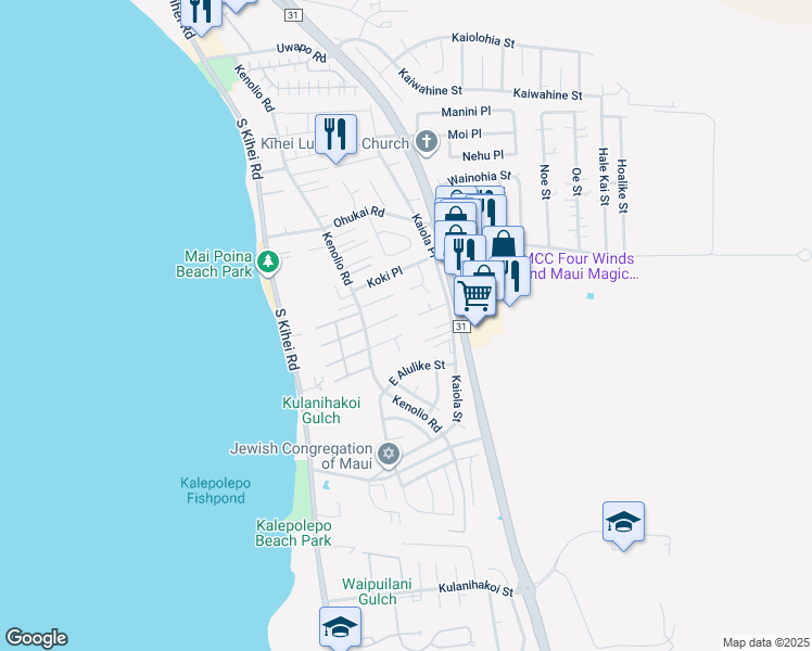 map of restaurants, bars, coffee shops, grocery stores, and more near 161 Lanakila Place in Kihei