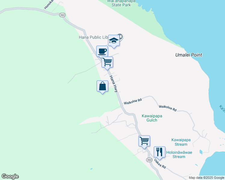 map of restaurants, bars, coffee shops, grocery stores, and more near 4264 Hana Highway in Hana