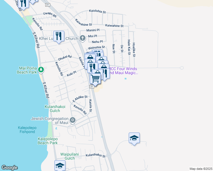 map of restaurants, bars, coffee shops, grocery stores, and more near 300 Ohukai Road in Kihei