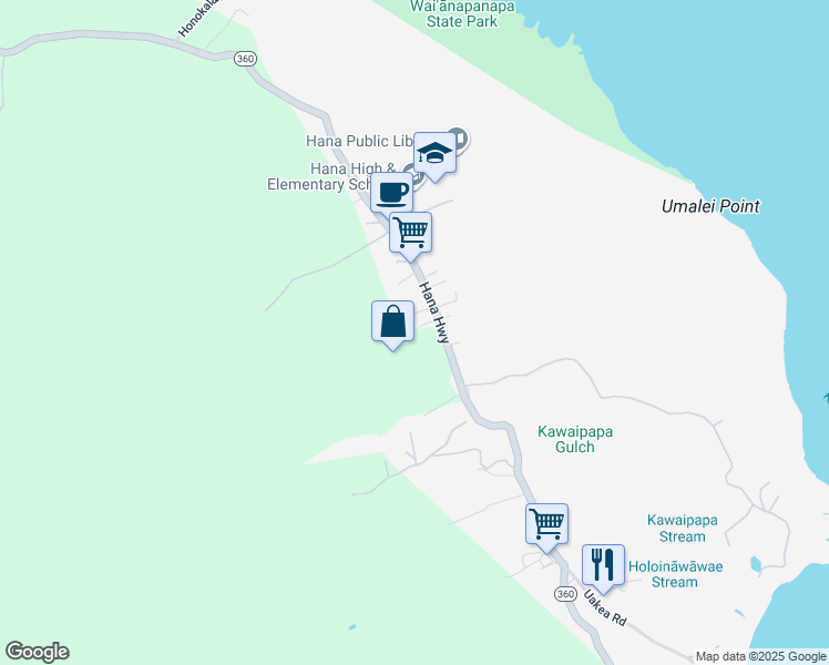 map of restaurants, bars, coffee shops, grocery stores, and more near 4246 Hana Highway in Hana