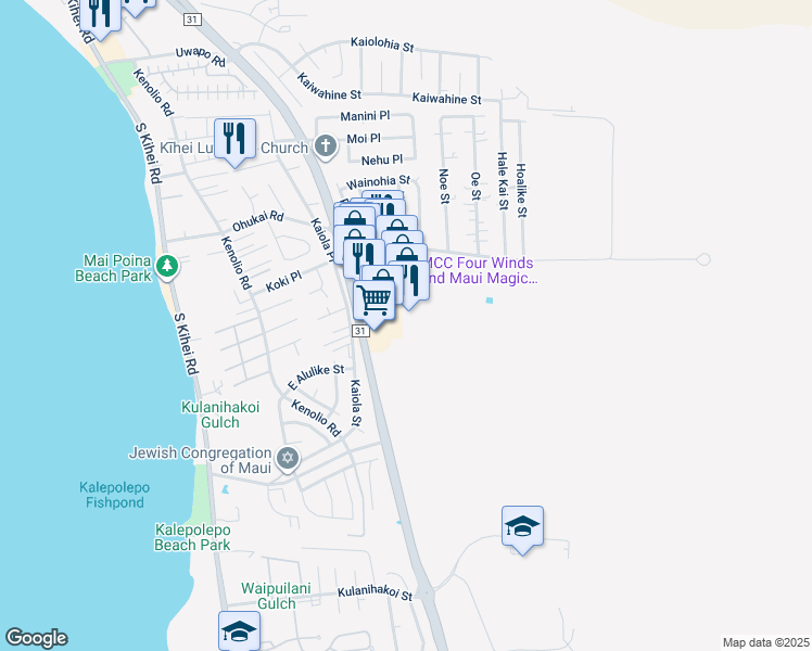 map of restaurants, bars, coffee shops, grocery stores, and more near 300 Ohukai Road in Kihei