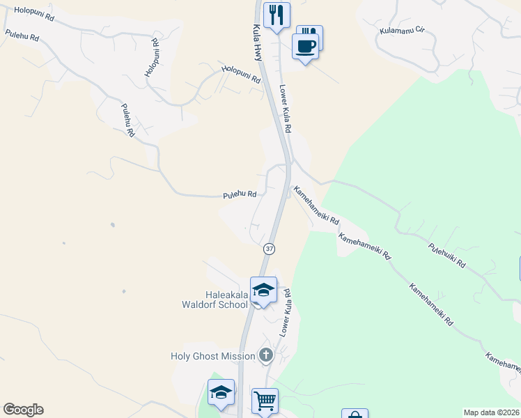 map of restaurants, bars, coffee shops, grocery stores, and more near 3535 Lower Kula Road in Kula