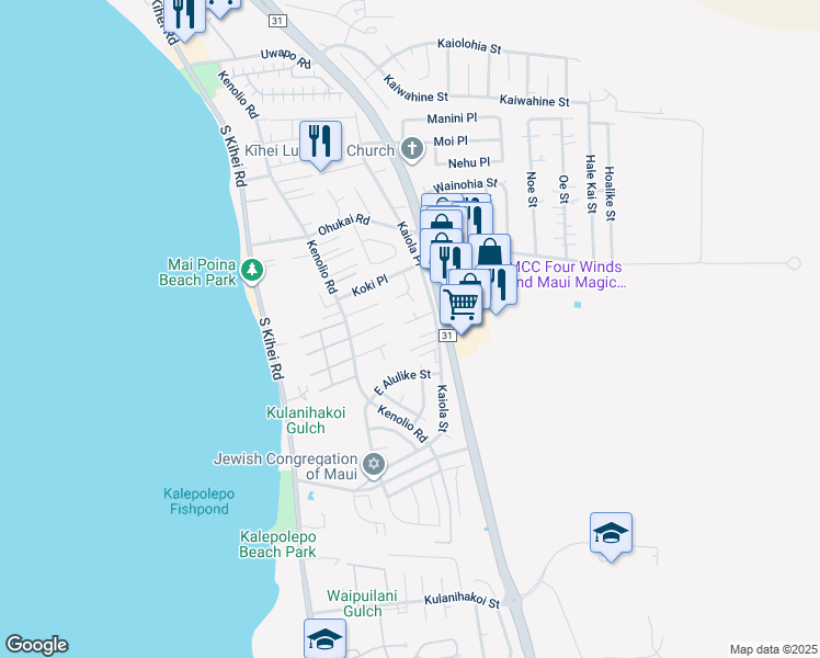 map of restaurants, bars, coffee shops, grocery stores, and more near 176 Ahaaina Way in Kihei