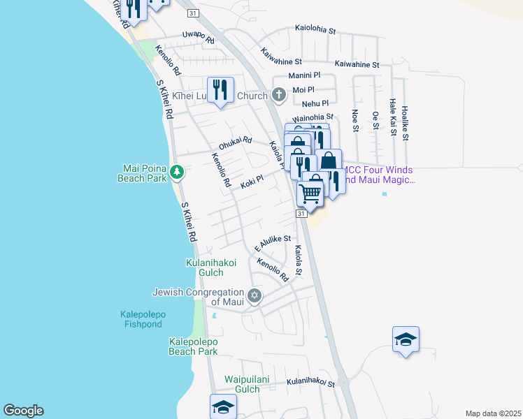 map of restaurants, bars, coffee shops, grocery stores, and more near 144 Pauloa Place in Kihei