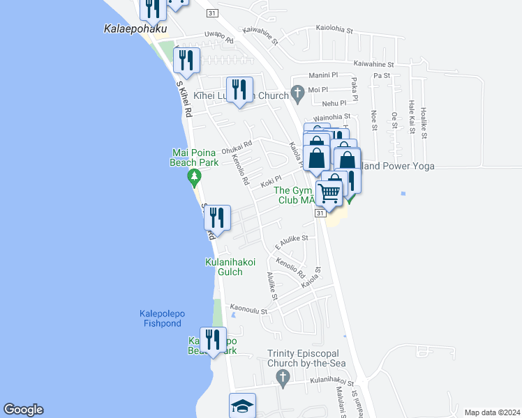 map of restaurants, bars, coffee shops, grocery stores, and more near 105 Pauloa Place in Kihei
