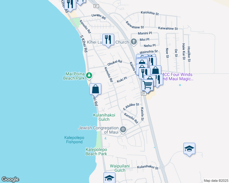 map of restaurants, bars, coffee shops, grocery stores, and more near 480 Kenolio Road in Kihei