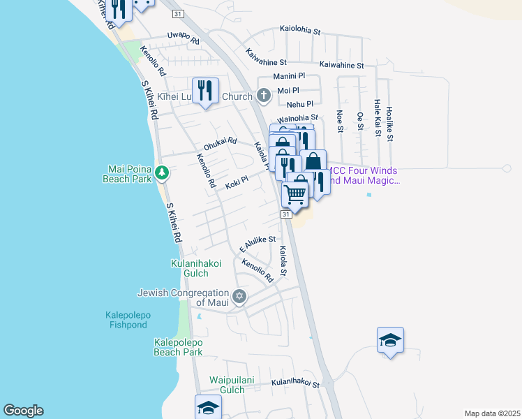 map of restaurants, bars, coffee shops, grocery stores, and more near 176 Ahaaina Way in Kihei