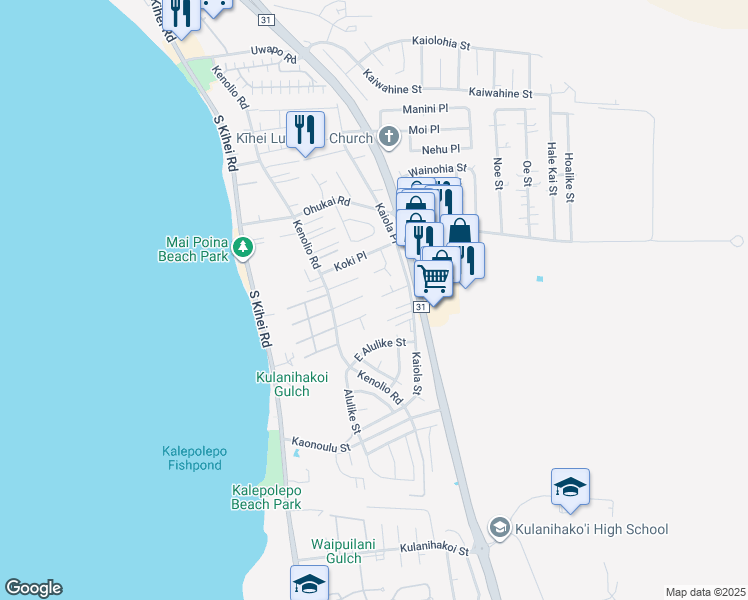 map of restaurants, bars, coffee shops, grocery stores, and more near 162 Ahaaina Way in Kihei
