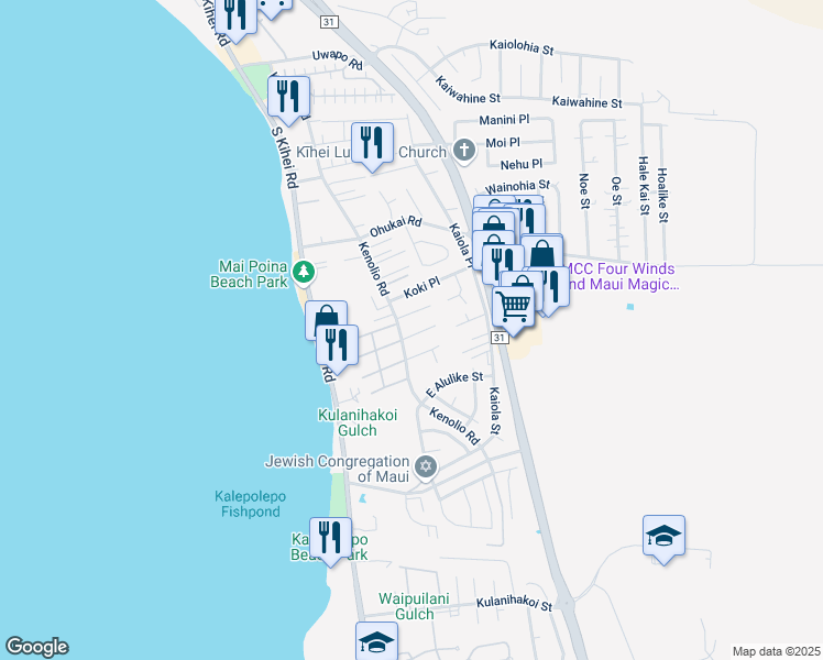 map of restaurants, bars, coffee shops, grocery stores, and more near 117 Pauloa Place in Kihei
