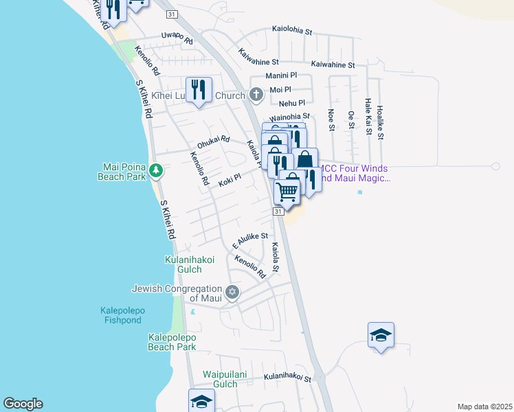 map of restaurants, bars, coffee shops, grocery stores, and more near 182 Ahaaina Way in Kihei