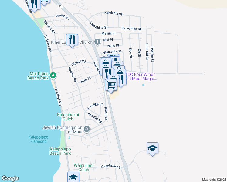 map of restaurants, bars, coffee shops, grocery stores, and more near 411 Huku Lii Place in Kihei