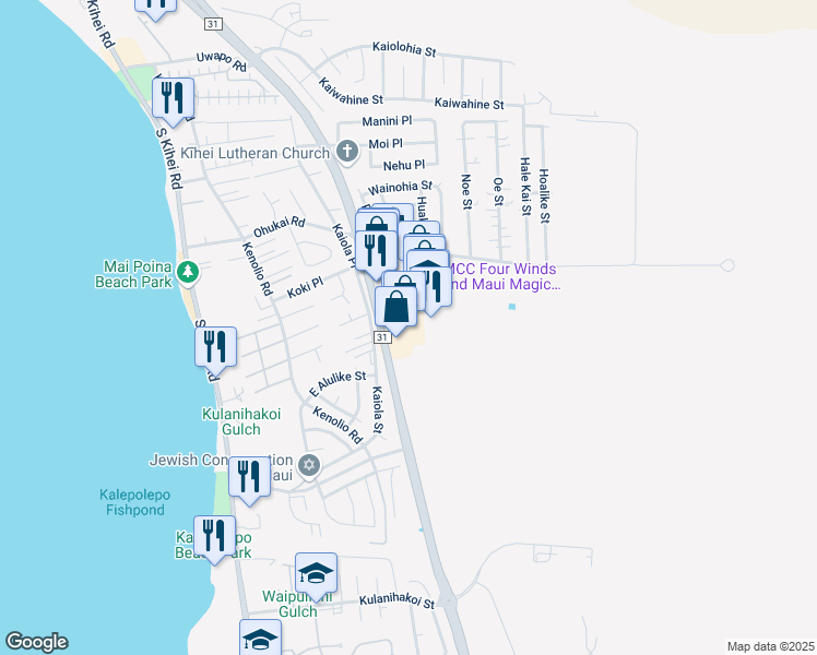 map of restaurants, bars, coffee shops, grocery stores, and more near 411 Huku Lii Place in Kihei