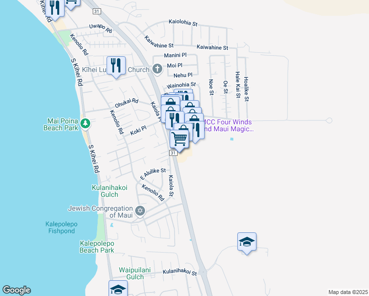 map of restaurants, bars, coffee shops, grocery stores, and more near 411 Huku Lii Place in Kihei