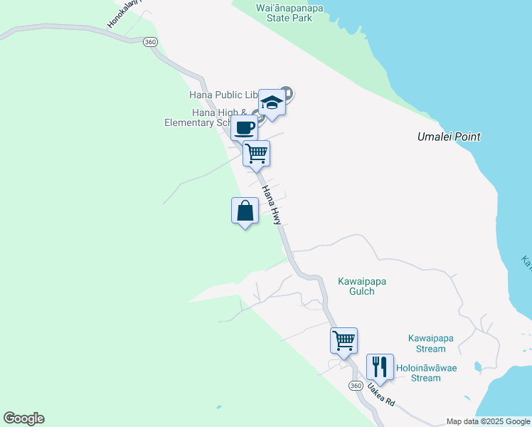map of restaurants, bars, coffee shops, grocery stores, and more near 4246 Hana Highway in Hana