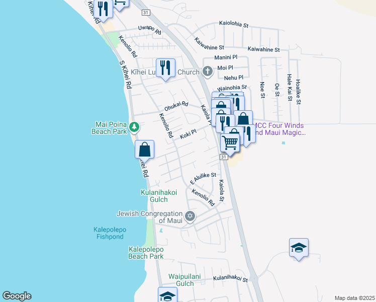 map of restaurants, bars, coffee shops, grocery stores, and more near 129 Pauloa Place in Kihei
